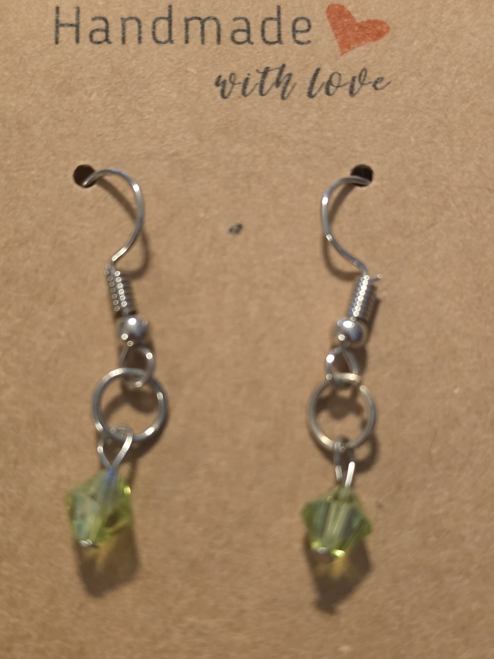 Handmade Silver Drop Earrings with Green Crystal Beads